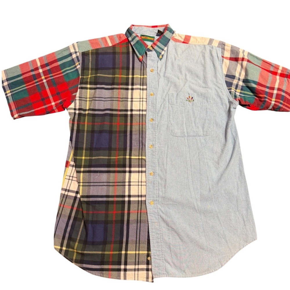 Ivy Crew Mens Plaid Colorblock Patchwork Short Sleeve Button Shirt CMS-958 L